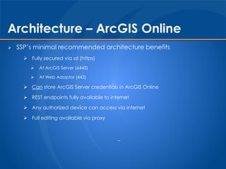 Architecture – ArcGIS Online
 SSP’s minimal recommended architecture benefits
 Fully secured via ssl (https)
 At ArcGIS...