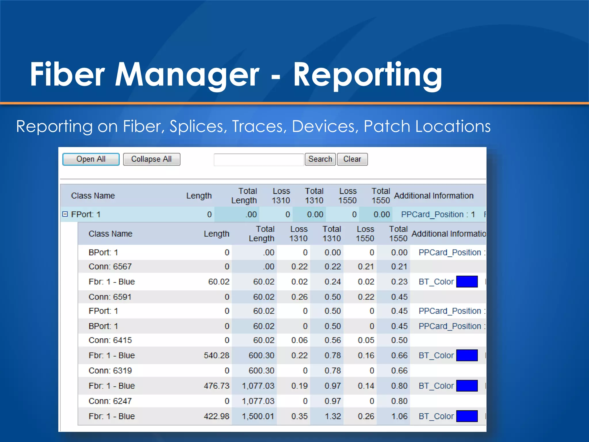 Reporting on Fiber, Splices, Traces, Devices, Patch Locations
Fiber Manager - Reporting
 