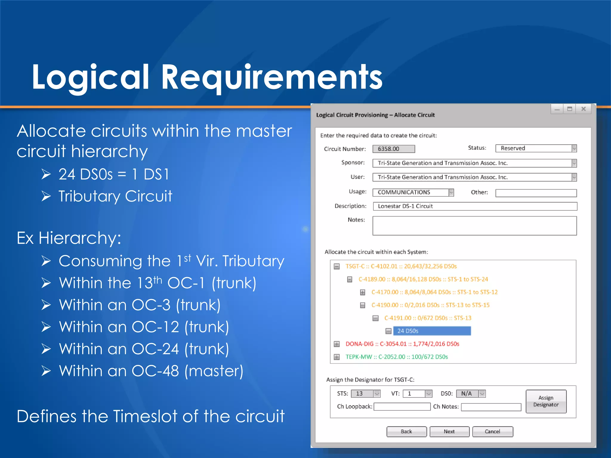 Allocate circuits within the master
circuit hierarchy
 24 DS0s = 1 DS1
 Tributary Circuit
Ex Hierarchy:
 Consuming the 1st Vir. Tributary
 Within the 13th OC-1 (trunk)
 Within an OC-3 (trunk)
 Within an OC-12 (trunk)
 Within an OC-24 (trunk)
 Within an OC-48 (master)
Defines the Timeslot of the circuit
Logical Requirements
 