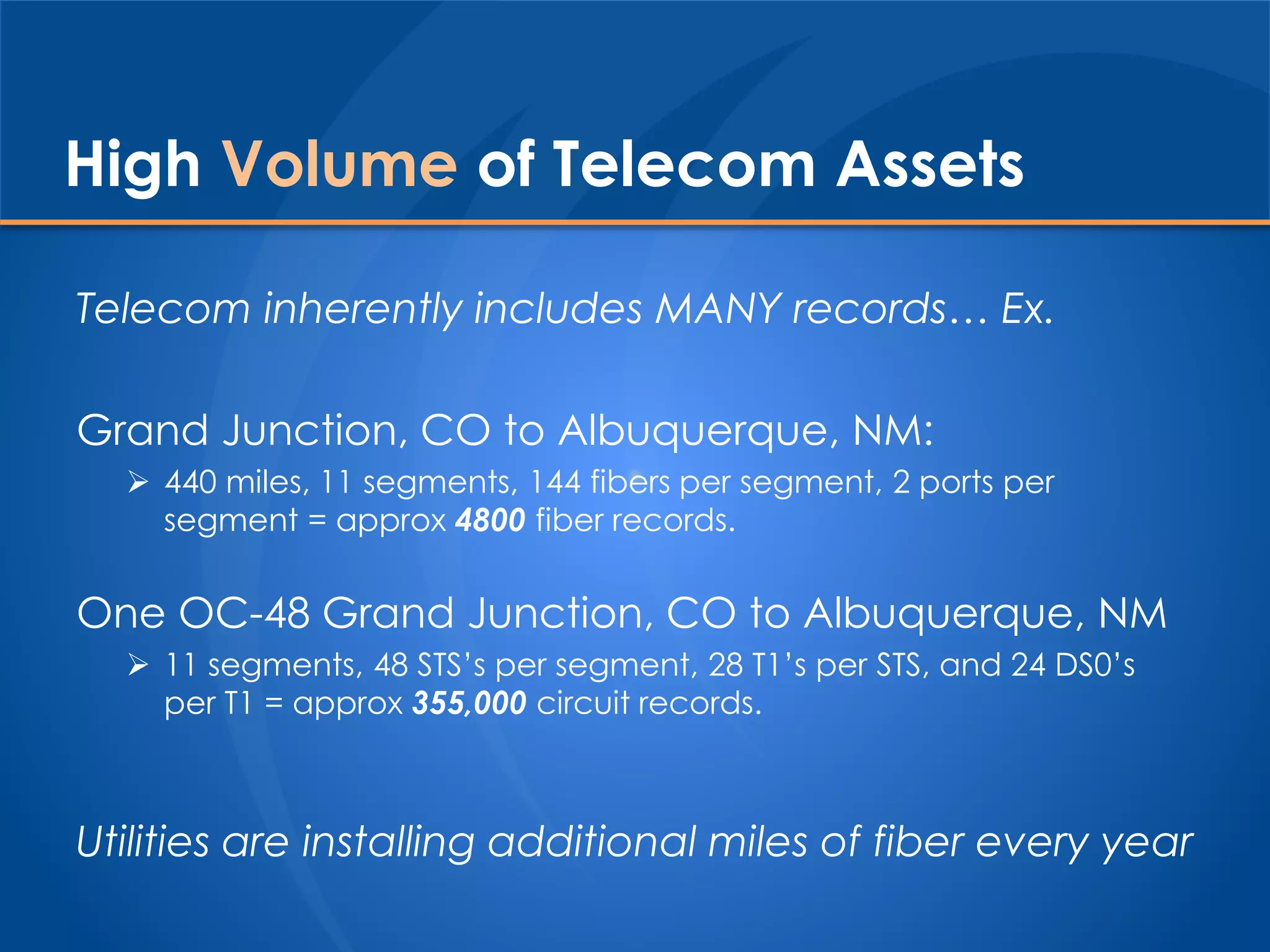 High Volume of Telecom Assets
Telecom inherently includes MANY records… Ex.
Grand Junction, CO to Albuquerque, NM:
 440 miles, 11 segments, 144 fibers per segment, 2 ports per
segment = approx 4800 fiber records.
One OC-48 Grand Junction, CO to Albuquerque, NM
 11 segments, 48 STS’s per segment, 28 T1’s per STS, and 24 DS0’s
per T1 = approx 355,000 circuit records.
Utilities are installing additional miles of fiber every year
 