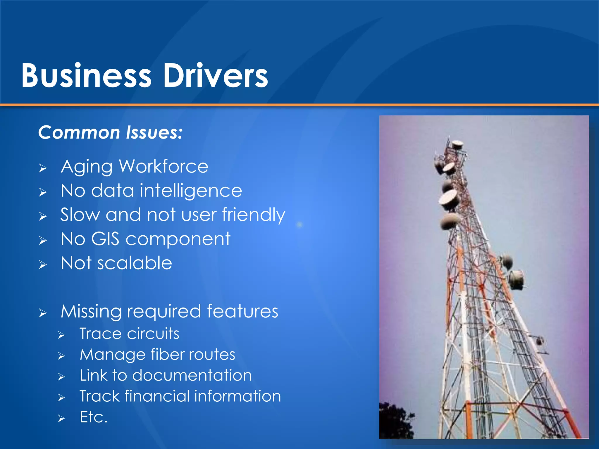 Business Drivers
Common Issues:
 Aging Workforce
 No data intelligence
 Slow and not user friendly
 No GIS component
 Not scalable
 Missing required features
 Trace circuits
 Manage fiber routes
 Link to documentation
 Track financial information
 Etc.
 