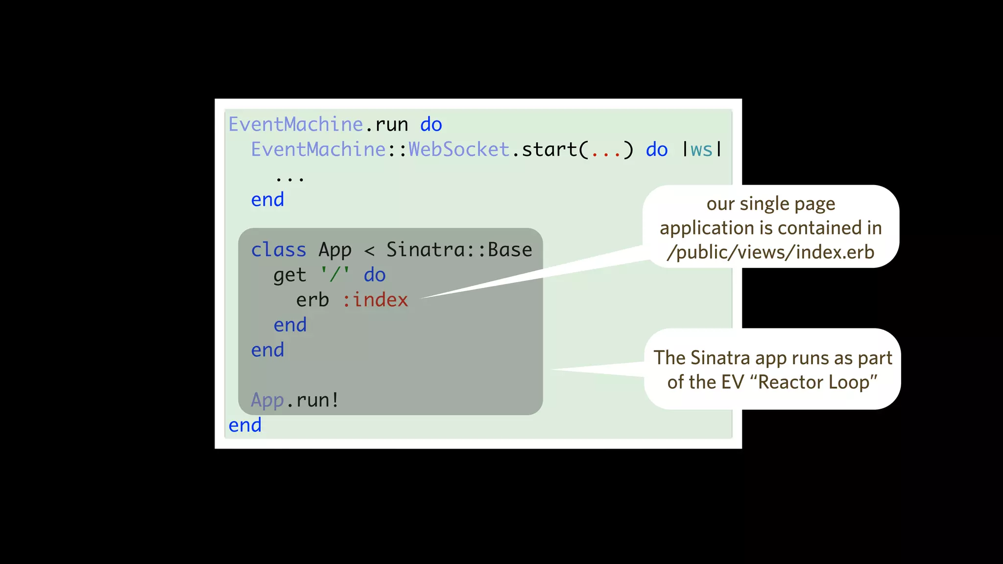 EventMachine.run do
EventMachine::WebSocket.start(...) do |ws|
...
end
class App < Sinatra::Base
get '/' do
erb :index
end
end
App.run!
end
our single page
application is contained in
/public/views/index.erb
The Sinatra app runs as part
of the EV “Reactor Loop”
 