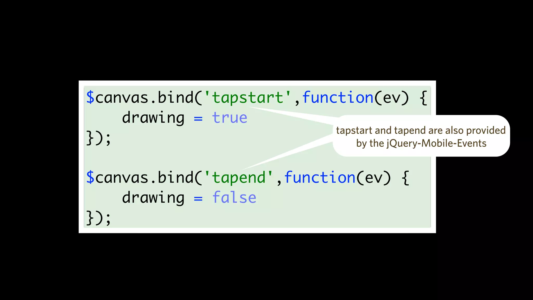 $canvas.bind('tapstart',function(ev) {
drawing = true
});
$canvas.bind('tapend',function(ev) {
drawing = false
});
tapstart and tapend are also provided
by the jQuery-Mobile-Events
 