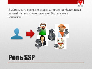 Выбрать того покупателя, для которого наиболее ценен
данный запрос = того, кто готов больше всего
заплатить.




Роль SSP
 