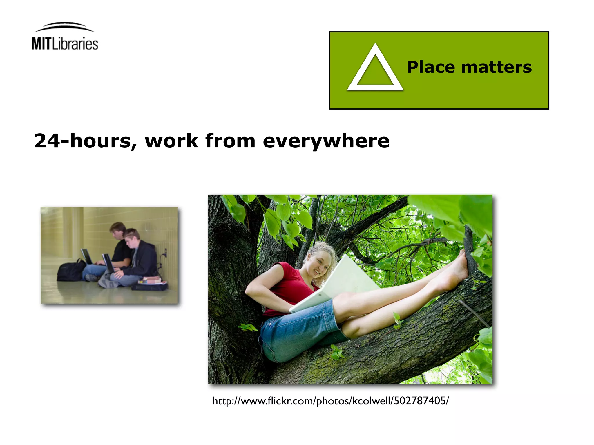 Place matters



24-hours, work from everywhere




               http://www.ﬂickr.com/photos/kcolwell/502787405/
 