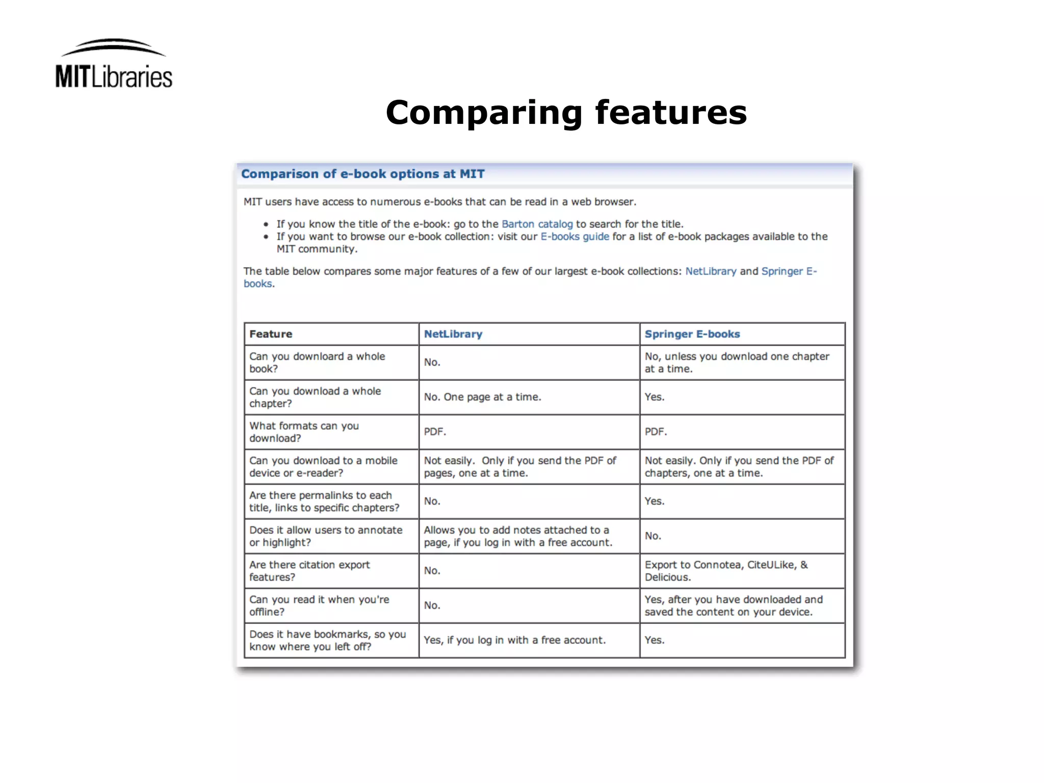 Comparing features
 