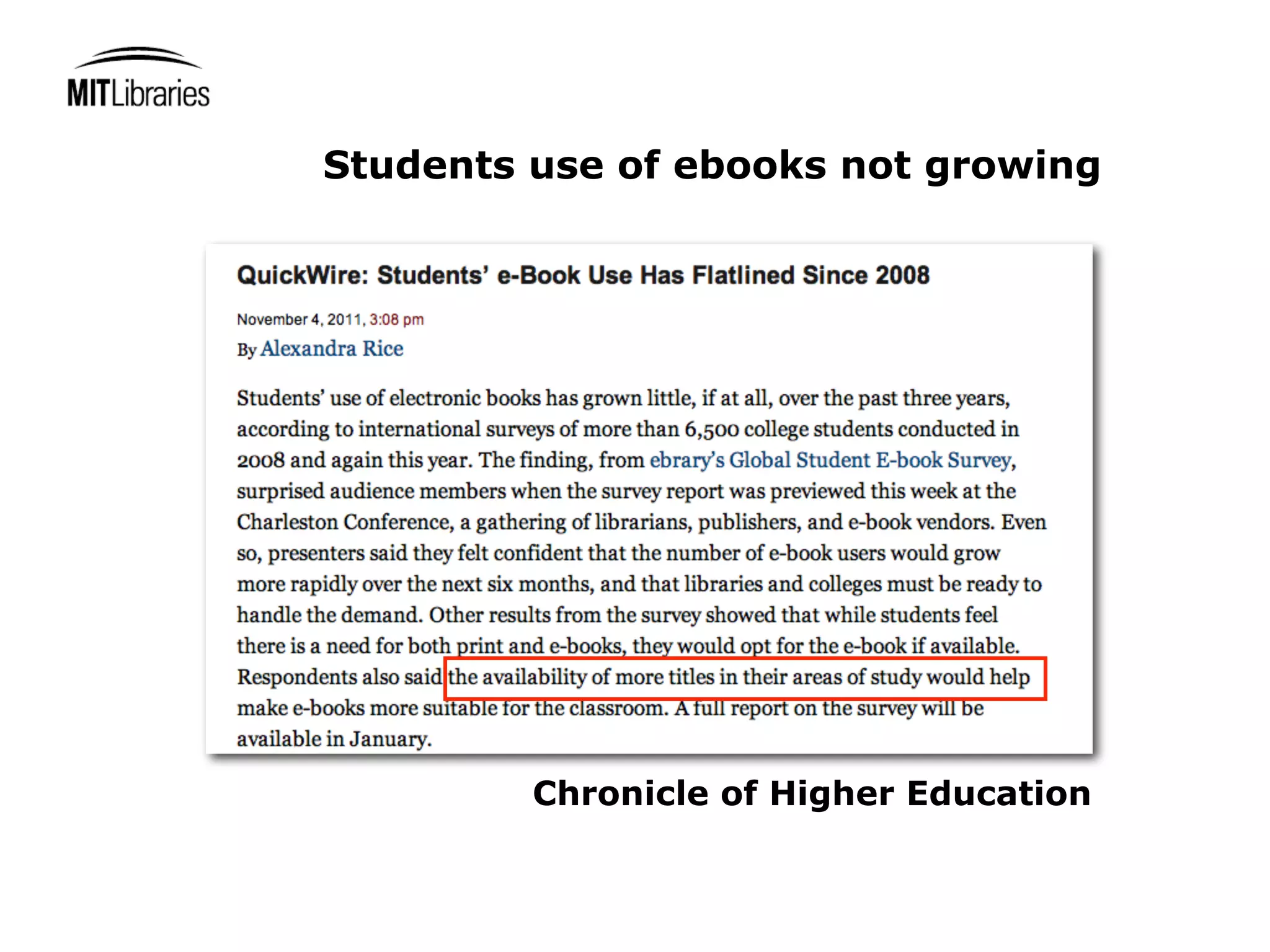 Students use of ebooks not growing




         Chronicle of Higher Education
 