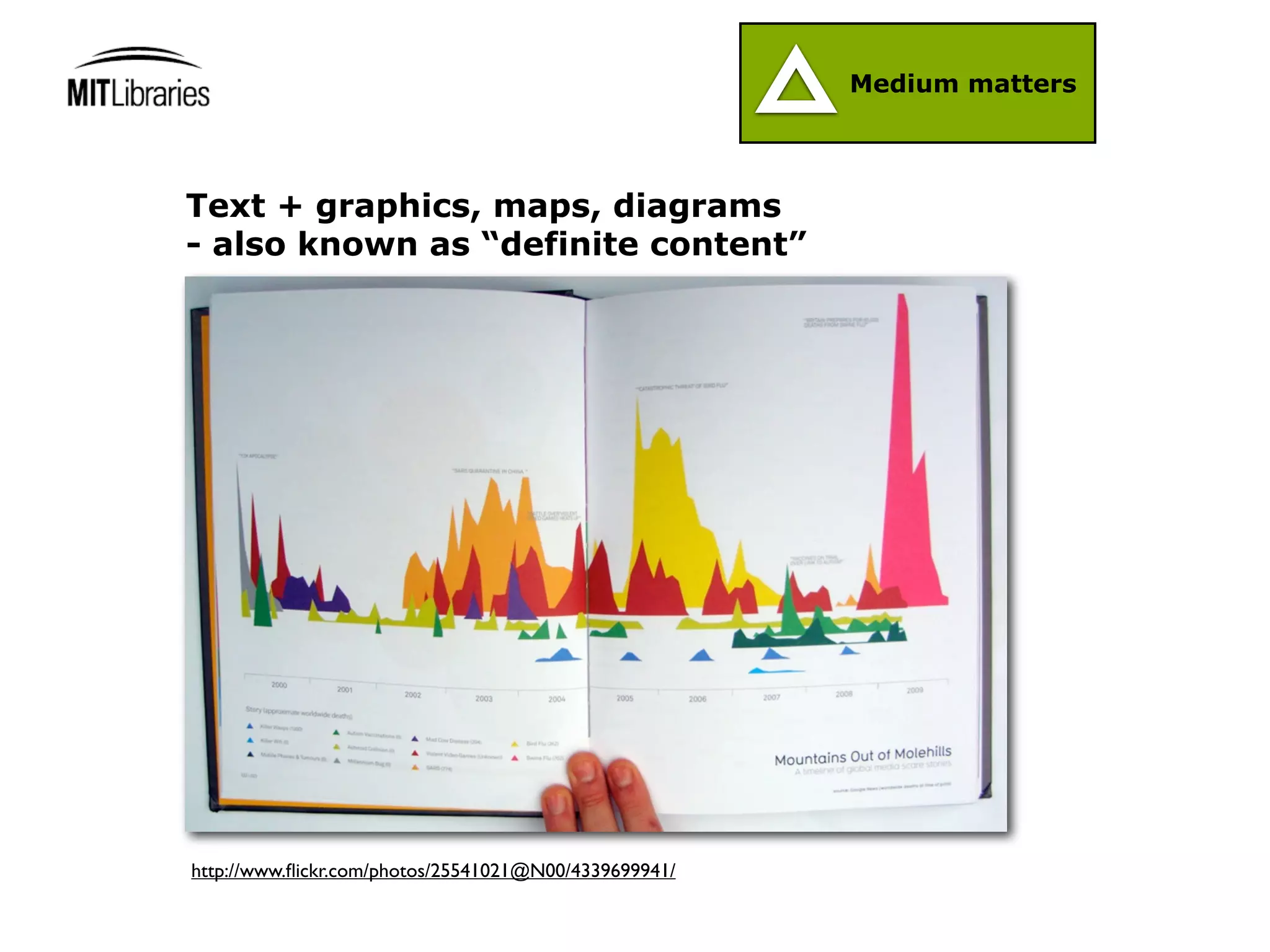 Medium matters




Text + graphics, maps, diagrams
- also known as “definite content”




http://www.ﬂickr.com/photos/25541021@N00/4339699941/
 