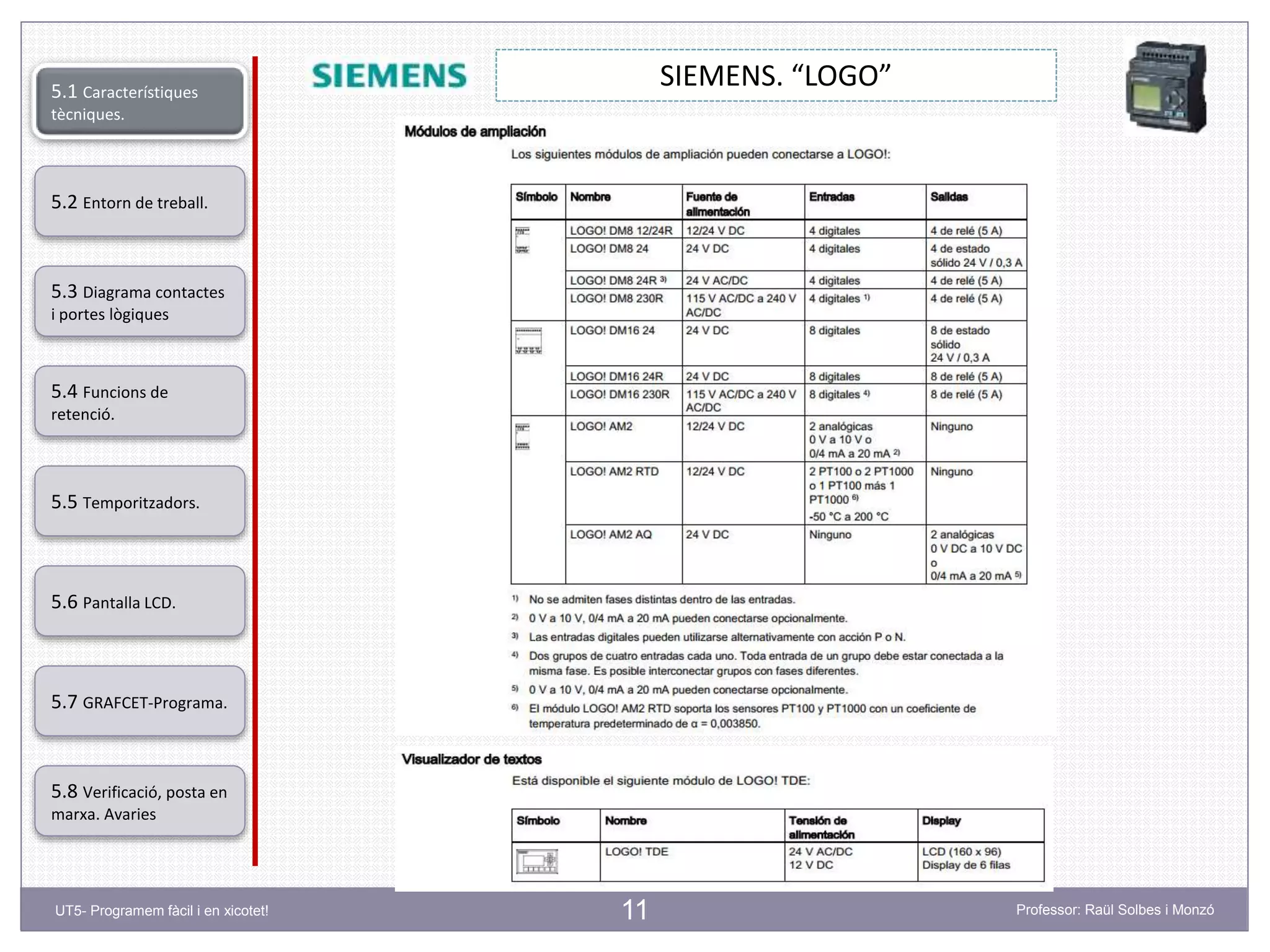 11
SIEMENS. “LOGO”
5.2 Entorn de treball.
5.3 Diagrama contactes
i portes lògiques
5.4 Funcions de
retenció.
5.5 Temporitzadors.
5.6 Pantalla LCD.
5.7 GRAFCET-Programa.
5.8 Verificació, posta en
marxa. Avaries
5.1 Característiques
tècniques.
UT5- Programem fàcil i en xicotet! Professor: Raül Solbes i Monzó
 