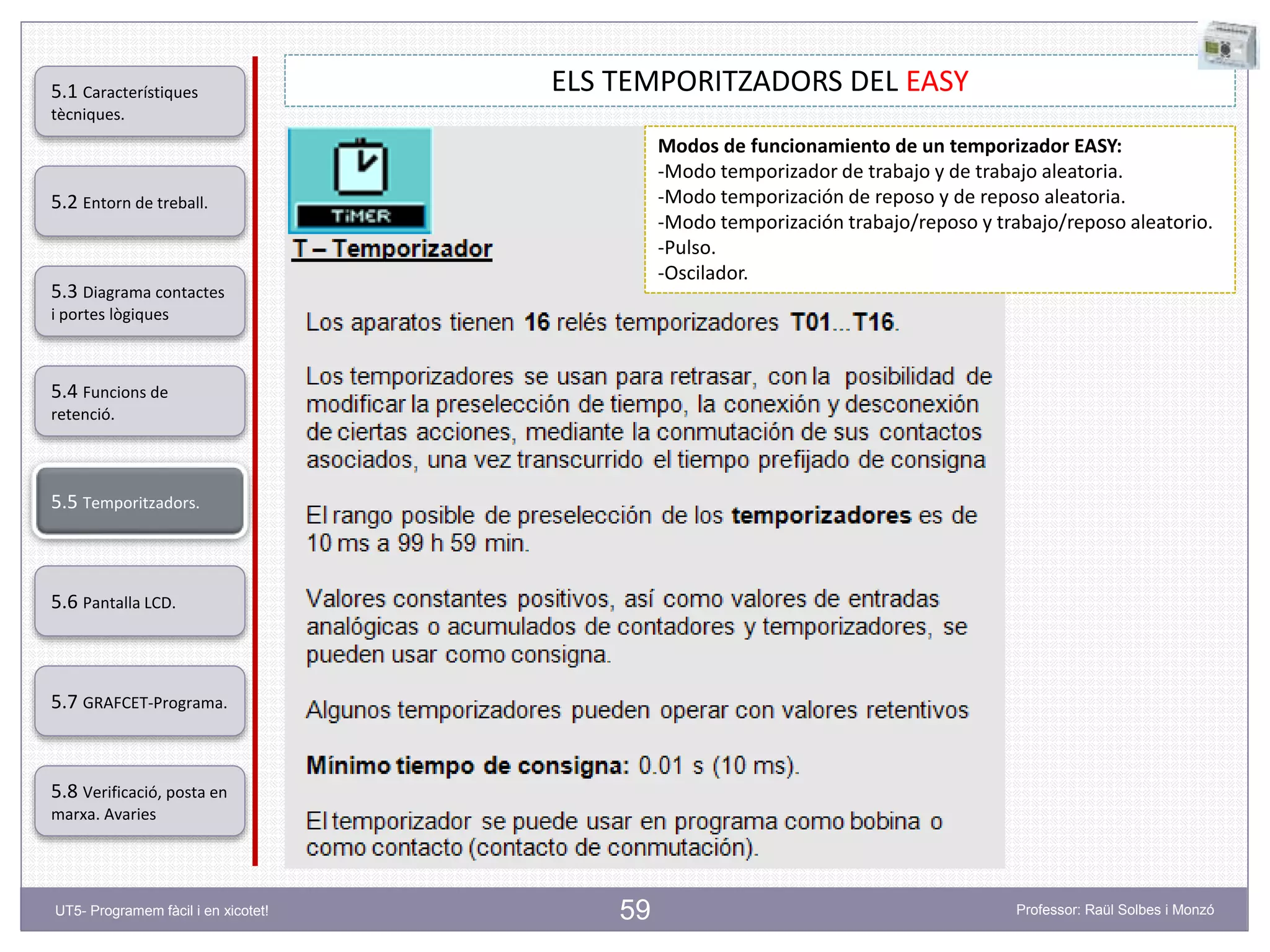 59
ELS TEMPORITZADORS DEL EASY
Modos de funcionamiento de un temporizador EASY:
-Modo temporizador de trabajo y de trabajo aleatoria.
-Modo temporización de reposo y de reposo aleatoria.
-Modo temporización trabajo/reposo y trabajo/reposo aleatorio.
-Pulso.
-Oscilador.
5.2 Entorn de treball.
5.3 Diagrama contactes
i portes lògiques
5.4 Funcions de
retenció.
5.5 Temporitzadors.
5.6 Pantalla LCD.
5.7 GRAFCET-Programa.
5.8 Verificació, posta en
marxa. Avaries
5.1 Característiques
tècniques.
UT5- Programem fàcil i en xicotet! Professor: Raül Solbes i Monzó
 