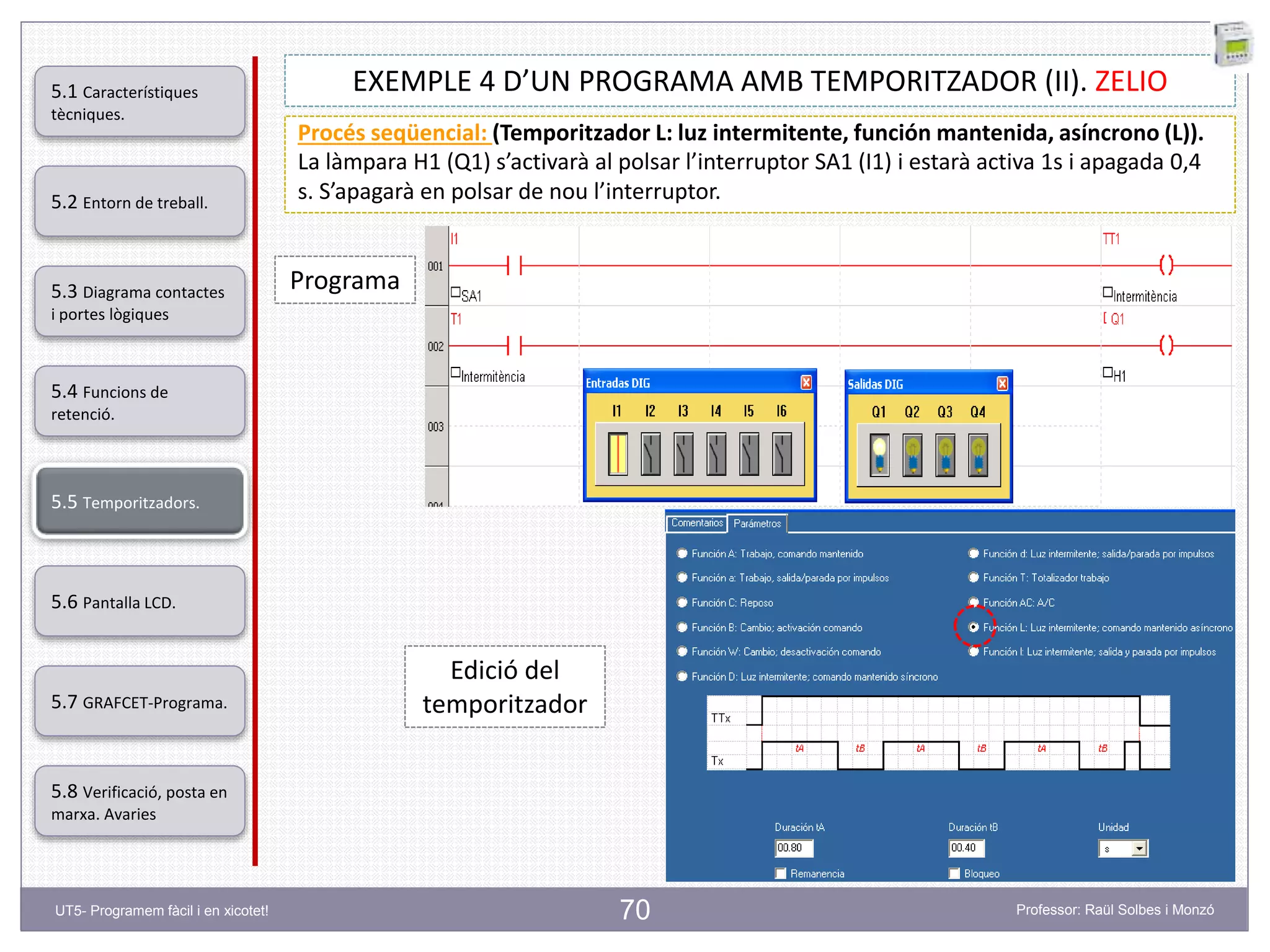 70
EXEMPLE 4 D’UN PROGRAMA AMB TEMPORITZADOR (II). ZELIO
Procés seqüencial: (Temporitzador L: luz intermitente, función mantenida, asíncrono (L)).
La làmpara H1 (Q1) s’activarà al polsar l’interruptor SA1 (I1) i estarà activa 1s i apagada 0,4
s. S’apagarà en polsar de nou l’interruptor.
Programa
Edició del
temporitzador
5.2 Entorn de treball.
5.3 Diagrama contactes
i portes lògiques
5.4 Funcions de
retenció.
5.5 Temporitzadors.
5.6 Pantalla LCD.
5.7 GRAFCET-Programa.
5.8 Verificació, posta en
marxa. Avaries
5.1 Característiques
tècniques.
UT5- Programem fàcil i en xicotet! Professor: Raül Solbes i Monzó
 