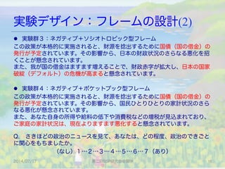 実験デザイン：フレームの設計(2)
2014/07/17 第二回SSP研究会＠関学 10	
l  実験群３：ネガティブ＋ソシオトロピック型フレーム
この政策が本格的に実施されると、財源を捻出するために国債（国の借金）の
発行が予定されています。その影響から、日本の財政状況のさらなる悪化を招
くことが懸念されています。
また、我が国の借金はますます増えることで、財政赤字が拡大し、日本の国家
破綻（デフォルト）の危機が高まると懸念されています。
l  実験群４：ネガティブ＋ポケットブック型フレーム
この政策が本格的に実施されると、財源を捻出するために国債（国の借金）の
発行が予定されています。その影響から、国民ひとりひとりの家計状況のさら
なる悪化が懸念されています。
また、あなた自身の所得や給料の低下や消費税などの増税が見込まれており、
ご家庭の家計状況は、現在よりますます悪化すると懸念されています。
Q. さきほどの政治のニュースを見て、あなたは、どの程度、政治のできごと
に関心をもちましたか。  
（なし）１…２…３…４…５…６…７（あり）
 
