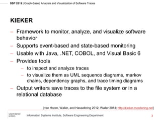 SSP 2019 | Graph-Based Analysis and Visualization of Software Traces
Information Systems Institute, Software Engineering Department
KIEKER
 Framework to monitor, analyze, and visualize software
behavior
 Supports event-based and state-based monitoring
 Usable with Java, .NET, COBOL, and Visual Basic 6
 Provides tools
 to inspect and analyze traces
 to visualize them as UML sequence diagrams, markov
chains, dependency graphs, and trace timing diagrams
 Output writers save traces to the file system or in a
relational database
3
[van Hoorn, Waller, and Hasselbring 2012; Waller 2014; http://kieker-monitoring.net]
 