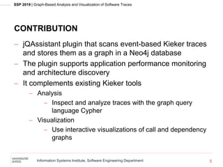 SSP 2019 | Graph-Based Analysis and Visualization of Software Traces
Information Systems Institute, Software Engineering Department
CONTRIBUTION
 jQAssistant plugin that scans event-based Kieker traces
and stores them as a graph in a Neo4j database
 The plugin supports application performance monitoring
and architecture discovery
 It complements existing Kieker tools
 Analysis
 Inspect and analyze traces with the graph query
language Cypher
 Visualization
 Use interactive visualizations of call and dependency
graphs
5
 