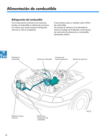 24
209_42
Con la alta presión reinante en los inyectores
bomba, el combustible se calienta de una forma
tan intensa, que resulta necesario refrigerarlo
antes de su retorno al depósito.
Alimentación de combustible
Refrigeración del combustible
A esos efectos existe un radiador sobre el filtro
de combustible.
Se encarga de refrigerar el combustible de
retorno y protege así el depósito y el transmisor
de nivel contra los efectos de un combustible
demasiado caliente.
Radiador de
combustible
Radiador de agua
adicional
Bomba para
refrigeración del
combustible
Bomba de combustible Depósito de expansión
Transmisor de
líquido refrigerante
 