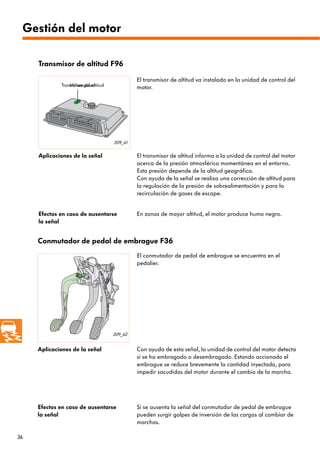 36
209_61
209_62
Höhengeber
Gestión del motor
Transmisor de altitud F96
El transmisor de altitud va instalado en la unidad de control del
motor.
Aplicaciones de la señal El transmisor de altitud informa a la unidad de control del motor
acerca de la presión atmosférica momentánea en el entorno.
Esta presión depende de la altitud geográfica.
Con ayuda de la señal se realiza una corrección de altitud para
la regulación de la presión de sobrealimentación y para la
recirculación de gases de escape.
Conmutador de pedal de embrague F36
El conmutador de pedal de embrague se encuentra en el
pedalier.
Aplicaciones de la señal Con ayuda de esta señal, la unidad de control del motor detecta
si se ha embragado o desembragado. Estando accionado el
embrague se reduce brevemente la cantidad inyectada, para
impedir sacudidas del motor durante el cambio de la marcha.
Efectos en caso de ausentarse
la señal
Si se ausenta la señal del conmutador de pedal de embrague
pueden surgir golpes de inversión de las cargas al cambiar de
marchas.
Transmisor de altitud
Efectos en caso de ausentarse
la señal
En zonas de mayor altitud, el motor produce humo negro.
 