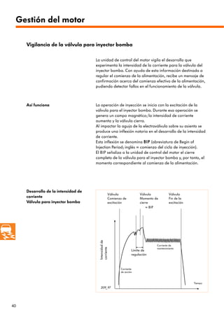 40
Gestión del motor
La operación de inyección se inicia con la excitación de la
válvula para el inyector bomba. Durante esa operación se
genera un campo magnético; la intensidad de corriente
aumenta y la válvula cierra.
Al impactar la aguja de la electroválvula sobre su asiento se
produce una inflexión notoria en el desarrollo de la intensidad
de corriente.
Esta inflexión se denomina BBBBIIIIPPPP (abreviatura de Begin of
Injection Period; inglés = comienzo del ciclo de inyección).
El BIP señaliza a la unidad de control del motor el cierre
completo de la válvula para el inyector bomba y, por tanto, el
momento correspondiente al comienzo de la alimentación.
Así funciona
La unidad de control del motor vigila el desarrollo que
experimenta la intensidad de la corriente para la válvula del
inyector bomba. Con ayuda de esta información destinada a
regular el comienzo de la alimentación, recibe un mensaje de
confirmación acerca del comienzo efectivo de la alimentación,
pudiendo detectar fallos en el funcionamiento de la válvula.
Vigilancia de la válvula para inyector bomba
209_97
Válvula
Comienzo de
excitación
Válvula
Fin de la
excitación
Válvula
Momento de
cierre
= BIP
Intensidadde
corriente
Corriente de
mantenimiento
Corriente
de acción
Límite de
regulación
Tiempo
Desarrollo de la intensidad de
corriente
Válvula para inyector bomba
 