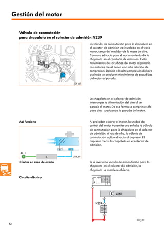42
209_68
209_69
S
J 317
N239
J248
209_70
0 I
Válvula de conmutación
para chapaleta en el colector de admisión N239
La válvula de conmutación para la chapaleta en
el colector de admisión va instalada en el vano
motor, cerca del medidor de la masa de aire.
Conmuta el vacío para el accionamiento de la
chapaleta en el conducto de admisión. Evita
movimientos de sacudidas del motor al pararlo.
Los motores diesel tienen una alta relación de
compresión. Debido a la alta compresión del aire
aspirado se producen movimientos de sacudidas
del motor al pararlo.
Efectos en caso de avería Si se avería la válvula de conmutación para la
chapaleta en el colector de admisión, la
chapaleta se mantiene abierta.
Circuito eléctrico
Así funciona Al proceder a parar el motor, la unidad de
control del motor transmite una señal a la válvula
de conmutación para la chapaleta en el colector
de admisión. A raíz de ello, la válvula de
conmutación aplica el vacío al depresor. El
depresor cierra la chapaleta en el colector de
admisión.
La chapaleta en el colector de admisión
interrumpe la alimentación del aire al ser
parado el motor. De esa forma se comprime sólo
poco aire, suavizando la parada del motor.
Gestión del motor
 