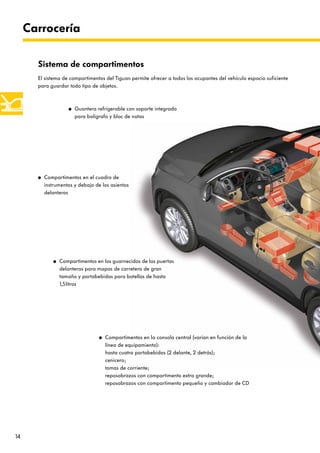 14
Carrocería
El sistema de compartimentos del Tiguan permite ofrecer a todos los ocupantes del vehículo espacio suficiente
para guardar todo tipo de objetos.
Sistema de compartimentos
● Guantera refrigerable con soporte integrado
para bolígrafo y bloc de notas
● Compartimentos en el cuadro de
instrumentos y debajo de los asientos
delanteros
● Compartimentos en los guarnecidos de las puertas
delanteras para mapas de carretera de gran
tamaño y portabebidas para botellas de hasta
1,5litros
● Compartimentos en la consola central (varían en función de la
línea de equipamiento):
hasta cuatro portabebidas (2 delante, 2 detrás);
cenicero;
tomas de corriente;
reposabrazos con compartimento extra grande;
reposabrazos con compartimento pequeño y cambiador de CD
 