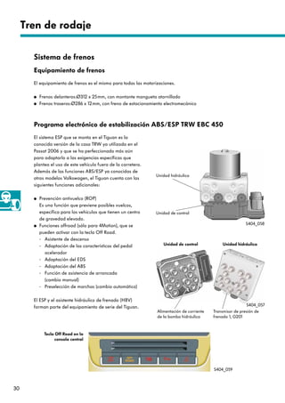 30
El sistema ESP que se monta en el Tiguan es la
conocida versión de la casa TRW ya utilizada en el
Passat 2006 y que se ha perfeccionado más aún
para adaptarlo a las exigencias específicas que
plantea el uso de este vehículo fuera de la carretera.
Además de las funciones ABS/ESP ya conocidas de
otros modelos Volkswagen, el Tiguan cuenta con las
siguientes funciones adicionales:
● Prevención antivuelco (ROP)
Es una función que previene posibles vuelcos,
específica para los vehículos que tienen un centro
de gravedad elevado.
● Funciones offroad (sólo para 4Motion), que se
pueden activar con la tecla Off Road.
- Asistente de descenso
- Adaptación de las características del pedal
acelerador
- Adaptación del EDS
- Adaptación del ABS
- Función de asistencia de arrancada
(cambio manual)
- Preselección de marchas (cambio automático)
El ESP y el asistente hidráulico de frenado (HBV)
forman parte del equipamiento de serie del Tiguan.
Tren de rodaje
Sistema de frenos
Equipamiento de frenos
El equipamiento de frenos es el mismo para todas las motorizaciones.
● Frenos delanteros:Ø312 x 25mm, con montante mangueta atornillado
● Frenos traseros:Ø286 x 12mm, con freno de estacionamiento electromecánico
Programa electrónico de estabilización ABS/ESP TRW EBC 450
Unidad hidráulica
Unidad de control
S404_058
Unidad de control Unidad hidráulica
Alimentación de corriente
de la bomba hidráulica
Transmisor de presión de
frenado 1, G201
S404_057
Tecla Off Road en la
consola central
S404_059
 