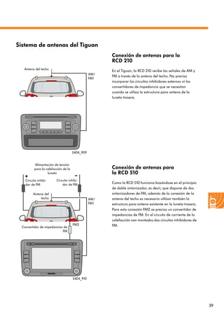 39
Antena del techo
AM/
FM1
S404_909
S404_910
Circuito inhibi-
dor de FM
Circuito inhibi-
dor de FM
Alimentación de tensión
para la calefacción de la
luneta
Antena del
techo AM/
FM1
Convertidor de impedancias de
FM
FM2
Sistema de antenas del Tiguan
Conexión de antenas para la
RCD 210
En el Tiguan, la RCD 210 recibe las señales de AM y
FM a través de la antena del techo. No precisa
incorporar los circuitos inhibidores externos ni los
convertidores de impedancia que se necesitan
cuando se utiliza la estructura para antena de la
luneta trasera.
Conexión de antenas para
la RCD 510
Como la RCD 510 funciona basándose en el principio
de doble sintonizador, es decir, que dispone de dos
sintonizadores de FM, además de la conexión de la
antena del techo es necesario utilizar también la
estructura para antena existente en la luneta trasera.
Para esta conexión FM2 se precisa un convertidor de
impedancias de FM. En el circuito de corriente de la
calefacción van montados dos circuitos inhibidores de
FM.
 