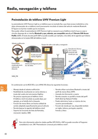 42
Radio, navegación y teléfono
Preinstalación de teléfono UHV Premium Light
La preinstalación UVH Premium Light es un teléfono que va montado fijo y que tiene acceso inalámbrico a los
datos almacenados de un teléfono móvil previamente vinculado al sistema del vehículo mediante Bluetooth.
El Tiguan es el primer modelo que la incorpora.
Para poder utilizar la preinstalación UHV Premium Light es necesario que el teléfono móvil al que se vaya a
vincular disponga de un interfaz Bluetooth y que, además, sea compatible con el perfil Remote SIM Access
Profile (rSAP). A través de este perfil rSAP se puede acceder, por ejemplo, a los datos de la agenda que hubiera
almacenados en la tarjeta SIM del teléfono móvil.
En combinación con la RCD 510 o con el RNS 510 ofrece las siguientes funciones:
- Manejo desde el volante multifunción
- Posibilidad de visualización en varios idiomas a
través del cuadro de instrumentos Highline
- No precisa soporte para el teléfono móvil.
El teléfono móvil vinculado se puede dejar, por
ejemplo, en el bolsillo de la chaqueta.
- Función de manos libres con buena calidad de
sonido adaptada específicamente para el vehículo
- Permite bajarse la agenda del teléfono móvil
- Soporta las funciones de listas de llamadas,
marcación rápida y SMS
- Permite utilizar auriculares Bluetooth a través del
perfil de manos libres (HFP)
- Llamada de información y avería
- Permite conectar un portátil a través del perfil
DUN (Dial Up Network Profile)
- Puede administrar hasta un máximo de tres
usuarios personalizados
- Función de mando por voz, disponible también
en inglés, italiano, portugués, español,
francés y checo
UHV Premium light
rSAP
Cuadro de instru-
mentos Highline
Equipo de radio o de radio y navegación
Conmutador
combinado de la
columna de
dirección
Llamada de informa-
ción y avería,
activación del
mando por voz
Volante multifunción
Interfaz de diagnosis para
bus de datos
S404_918
Audio
Portátil
Auricula-
res
Teléfono móvil
HFP
DUN
Para más información sobre los citados perfiles HFP, DUN y rSAP se puede consultar el Programa
autodidáctico núm. 345 “Preinstalación universal para teléfono móvil“.
 