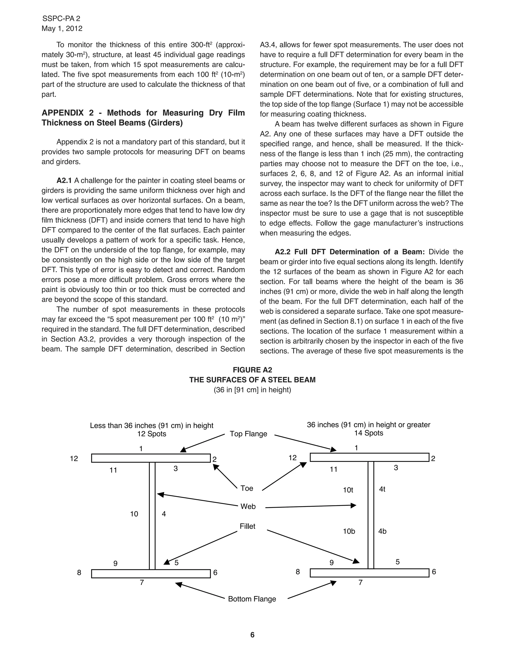 SSPC-PA 2
May 1, 2012
6
To monitor the thickness of this entire 300-ft2
(approxi-
mately 30-m2
), structure, at least 45 individual gage readings
must be taken, from which 15 spot measurements are calcu-
lated. The five spot measurements from each 100 ft2
(10-m2
)
part of the structure are used to calculate the thickness of that
part.
APPENDIX 2 - Methods for Measuring Dry Film
Thickness on Steel Beams (Girders)
Appendix 2 is not a mandatory part of this standard, but it
provides two sample protocols for measuring DFT on beams
and girders.
A2.1 A challenge for the painter in coating steel beams or
girders is providing the same uniform thickness over high and
low vertical surfaces as over horizontal surfaces. On a beam,
there are proportionately more edges that tend to have low dry
film thickness (DFT) and inside corners that tend to have high
DFT compared to the center of the flat surfaces. Each painter
usually develops a pattern of work for a specific task. Hence,
the DFT on the underside of the top flange, for example, may
be consistently on the high side or the low side of the target
DFT. This type of error is easy to detect and correct. Random
errors pose a more difficult problem. Gross errors where the
paint is obviously too thin or too thick must be corrected and
are beyond the scope of this standard.
The number of spot measurements in these protocols
may far exceed the “5 spot measurement per 100 ft2
(10 m2
)”
required in the standard. The full DFT determination, described
in Section A3.2, provides a very thorough inspection of the
beam. The sample DFT determination, described in Section
A3.4, allows for fewer spot measurements. The user does not
have to require a full DFT determination for every beam in the
structure. For example, the requirement may be for a full DFT
determination on one beam out of ten, or a sample DFT deter-
mination on one beam out of five, or a combination of full and
sample DFT determinations. Note that for existing structures,
the top side of the top flange (Surface 1) may not be accessible
for measuring coating thickness.
A beam has twelve different surfaces as shown in Figure
A2. Any one of these surfaces may have a DFT outside the
specified range, and hence, shall be measured. If the thick-
ness of the flange is less than 1 inch (25 mm), the contracting
parties may choose not to measure the DFT on the toe, i.e.,
surfaces 2, 6, 8, and 12 of Figure A2. As an informal initial
survey, the inspector may want to check for uniformity of DFT
across each surface. Is the DFT of the flange near the fillet the
same as near the toe? Is the DFT uniform across the web? The
inspector must be sure to use a gage that is not susceptible
to edge effects. Follow the gage manufacturer’s instructions
when measuring the edges.
A2.2 Full DFT Determination of a Beam: Divide the
beam or girder into five equal sections along its length. Identify
the 12 surfaces of the beam as shown in Figure A2 for each
section. For tall beams where the height of the beam is 36
inches (91 cm) or more, divide the web in half along the length
of the beam. For the full DFT determination, each half of the
web is considered a separate surface. Take one spot measure-
ment (as defined in Section 8.1) on surface 1 in each of the five
sections. The location of the surface 1 measurement within a
section is arbitrarily chosen by the inspector in each of the five
sections. The average of these five spot measurements is the
FIGURE A2
THE SURFACES OF A STEEL BEAM
(36 in [91 cm] in height)
1
8
9
7
Less than 36 inches (91 cm) in height
12 Spots
5
2
10
6
4
311
Top Flange
12
Fillet
Bottom Flange
Web
Toe
36 inches (91 cm) in height or greater
14 Spots
1
5
2
10b
bbb
10t
8 6
4b
9
4t
7
311
12
 