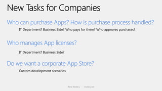 Who can purchase Apps? How is purchase process handled?


Who manages App licenses?


Do we want a corporate App Store?


                       Rene Modery - modery.net
 