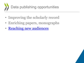 • Improving the scholarly record
• Enriching papers, monographs
• Reaching new audiences
Data publishing opportunities
 