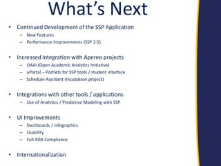 What’s Next 
•Continued Development of the SSP Application 
–New Features 
–Performance Improvements (SSP 2.5) 
•Increased Integration with Apereo projects 
–OAAI (Open Academic Analytics Initiative) 
–uPortal – Portlets for SSP tools / student interface 
–Schedule Assistant (Incubation project) 
•Integrations with other tools / applications 
–Use of Analytics / Predictive Modeling with SSP 
•UI Improvements 
–Dashboards / Infographics 
–Usability 
–Full ADA Compliance 
•Internationalization  