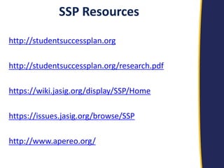http://studentsuccessplan.org 
http://studentsuccessplan.org/research.pdf 
https://wiki.jasig.org/display/SSP/Home 
https://issues.jasig.org/browse/SSP 
http://www.apereo.org/ 
SSP Resources  