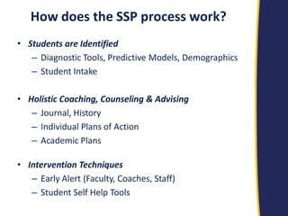 How does the SSP process work? 
•Students are Identified 
–Diagnostic Tools, Predictive Models, Demographics 
–Student Intake 
•Holistic Coaching, Counseling & Advising 
–Journal, History 
–Individual Plans of Action 
–Academic Plans 
•Intervention Techniques 
–Early Alert (Faculty, Coaches, Staff) 
–Student Self Help Tools  