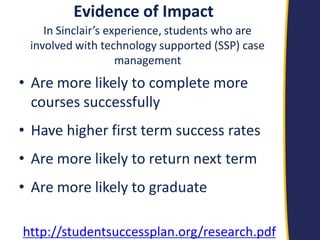 Evidence of Impact 
In Sinclair’s experience, students who are involved with technology supported (SSP) case management 
•Are more likely to complete more courses successfully 
•Have higher first term success rates 
•Are more likely to return next term 
•Are more likely to graduate http://studentsuccessplan.org/research.pdf  
