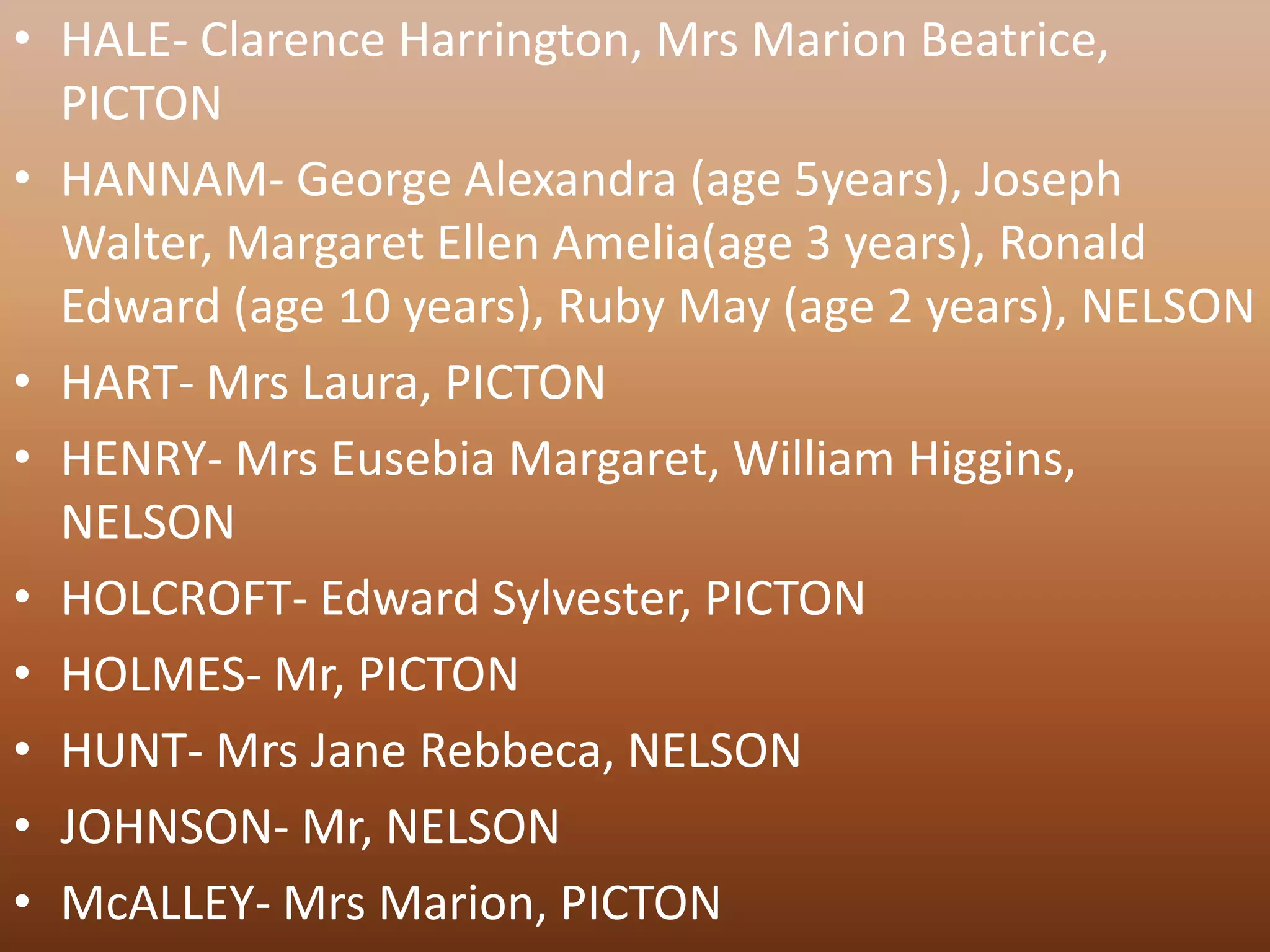 • HALE- Clarence Harrington, Mrs Marion Beatrice,
  PICTON
• HANNAM- George Alexandra (age 5years), Joseph
  Walter, Margaret Ellen Amelia(age 3 years), Ronald
  Edward (age 10 years), Ruby May (age 2 years), NELSON
• HART- Mrs Laura, PICTON
• HENRY- Mrs Eusebia Margaret, William Higgins,
  NELSON
• HOLCROFT- Edward Sylvester, PICTON
• HOLMES- Mr, PICTON
• HUNT- Mrs Jane Rebbeca, NELSON
• JOHNSON- Mr, NELSON
• McALLEY- Mrs Marion, PICTON
 