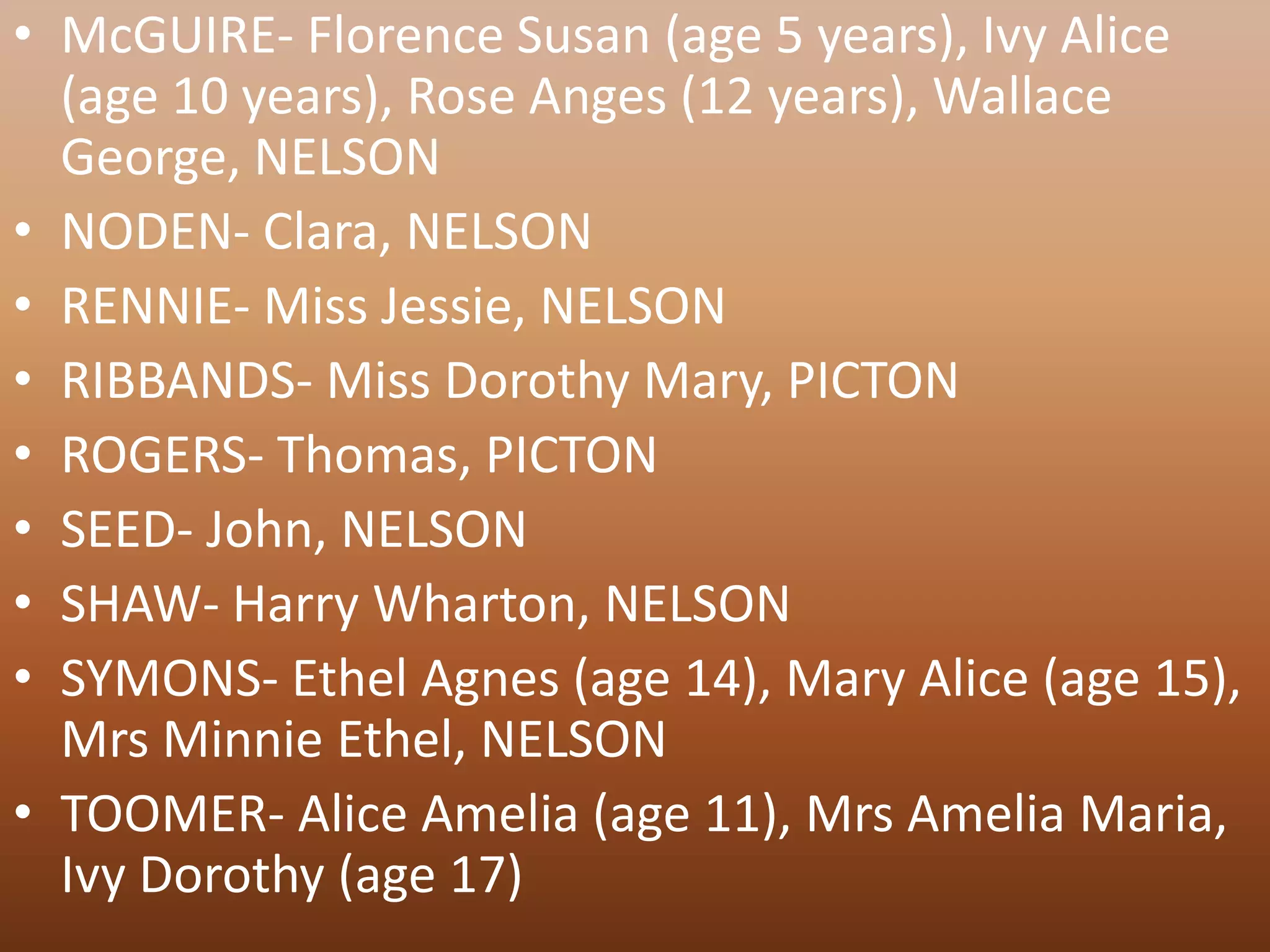 • McGUIRE- Florence Susan (age 5 years), Ivy Alice
  (age 10 years), Rose Anges (12 years), Wallace
  George, NELSON
• NODEN- Clara, NELSON
• RENNIE- Miss Jessie, NELSON
• RIBBANDS- Miss Dorothy Mary, PICTON
• ROGERS- Thomas, PICTON
• SEED- John, NELSON
• SHAW- Harry Wharton, NELSON
• SYMONS- Ethel Agnes (age 14), Mary Alice (age 15),
  Mrs Minnie Ethel, NELSON
• TOOMER- Alice Amelia (age 11), Mrs Amelia Maria,
  Ivy Dorothy (age 17)
 