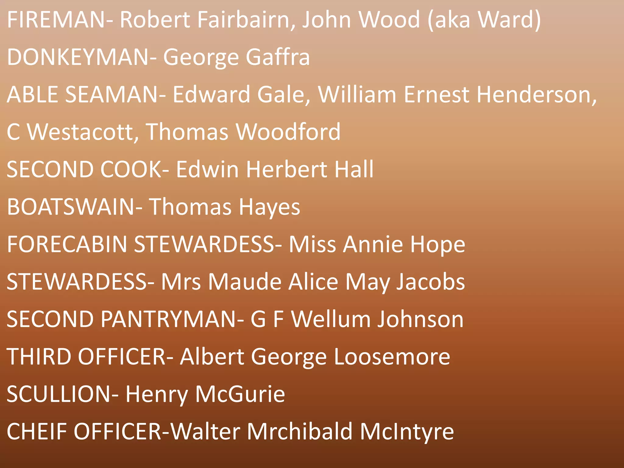 FIREMAN- Robert Fairbairn, John Wood (aka Ward)
DONKEYMAN- George Gaffra
ABLE SEAMAN- Edward Gale, William Ernest Henderson,
C Westacott, Thomas Woodford
SECOND COOK- Edwin Herbert Hall
BOATSWAIN- Thomas Hayes
FORECABIN STEWARDESS- Miss Annie Hope
STEWARDESS- Mrs Maude Alice May Jacobs
SECOND PANTRYMAN- G F Wellum Johnson
THIRD OFFICER- Albert George Loosemore
SCULLION- Henry McGurie
CHEIF OFFICER-Walter Mrchibald McIntyre
 