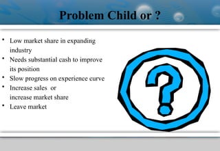 Problem Child or ?
• Low market share in expanding
industry
• Needs substantial cash to improve
its position
• Slow progress on experience curve
• Increase sales or
increase market share
• Leave market
 
