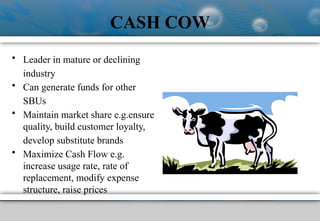 CASH COW
• Leader in mature or declining
industry
• Can generate funds for other
SBUs
• Maintain market share e.g.ensure
quality, build customer loyalty,
develop substitute brands
• Maximize Cash Flow e.g.
increase usage rate, rate of
replacement, modify expense
structure, raise prices
 