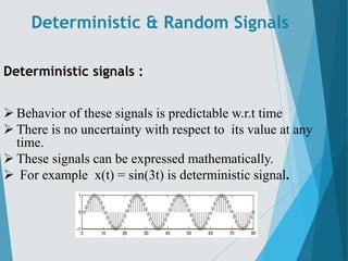 Deterministic & Random Signals
Deterministic signals :
 Behavior of these signals is predictable w.r.t time
 There is no uncertainty with respect to its value at any
time.
 These signals can be expressed mathematically.
 For example x(t) = sin(3t) is deterministic signal.
 