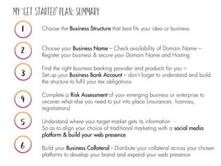 Choose the Business Structure that best fits your idea or business
Choose your Business Name – Check availability of Domain Name –
Register your business & secure your Domain Name and Hosting
Find the right business banking provider and products for you –
Set up your Business Bank Account – don’t forget to understand and build
the structure to fulfil your tax obligations
Complete a Risk Assessment of your emerging business or enterprise to
uncover what else you need to put into place (insurances, licences,
registrations)
Understand where your target market gets its information -
So as to align your choice of traditional marketing with a social media
platform & build your web presence
Build your Business Collateral - Distribute your collateral across your chosen
platforms to develop your brand and expand your web presence
 
