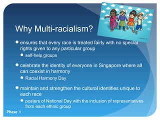 Why Multi-racialism?
    ensures that every race is treated fairly with no special
     rights given to any particular group
       self-help groups

    celebrate the identity of everyone in Singapore where all
     can coexist in harmony
       Racial Harmony Day

    maintain and strengthen the cultural identities unique to
     each race
       posters of National Day with the inclusion of representatives
        from each ethnic group
Phase 1
 