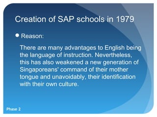 Creation of SAP schools in 1979
    Reason:

      There are many advantages to English being
      the language of instruction. Nevertheless,
      this has also weakened a new generation of
      Singaporeans' command of their mother
      tongue and unavoidably, their identification
      with their own culture.



Phase 2
 