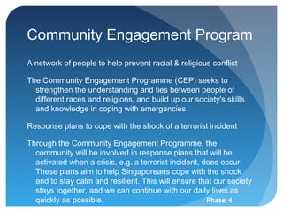 Community Engagement Program
A network of people to help prevent racial & religious conflict

The Community Engagement Programme (CEP) seeks to
  strengthen the understanding and ties between people of
  different races and religions, and build up our society's skills
  and knowledge in coping with emergencies.

Response plans to cope with the shock of a terrorist incident

Through the Community Engagement Programme, the
  community will be involved in response plans that will be
  activated when a crisis, e.g. a terrorist incident, does occur.
  These plans aim to help Singaporeans cope with the shock
  and to stay calm and resilient. This will ensure that our society
  stays together, and we can continue with our daily lives as
  quickly as possible.                                 Phase 4
 
