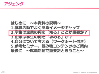 -12- Copyright © shake,Inc. All rights reserved.
アジェンダ
はじめに 〜本資料の説明〜
1.就職活動でよくあるイメージギャップ
2.学生は企業の何を「知る」ことが重要か？
3.企業は学生の何を「求める」か？
4.自分について考える（ワークシート付き）
5.参考セミナー、読み物コンテンツのご案内
最後に 〜就職活動で重要だと思うこと〜
 