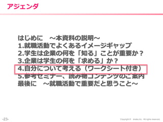 -23- Copyright © shake,Inc. All rights reserved.
アジェンダ
はじめに 〜本資料の説明〜
1.就職活動でよくあるイメージギャップ
2.学生は企業の何を「知る」ことが重要か？
3.企業は学生の何を「求める」か？
4.自分について考える（ワークシート付き）
5.参考セミナー、読み物コンテンツのご案内
最後に 〜就職活動で重要だと思うこと〜
 