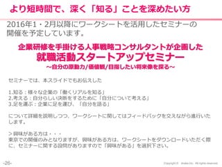 -26- Copyright © shake,Inc. All rights reserved.
より短時間で、深く「知る」ことを深めたい方
2016年1・2月以降にワークシートを活用したセミナーの
開催を予定しています。
セミナーでは、本スライドでもお伝えした
1.知る：様々な企業の「働くリアルを知る」
2.考える：自分らしい決断をするために「自分について考える」
3.足を運ぶ：企業に足を運び、「自分を語る」
について詳細を説明しつつ、ワークシートに関してはフィードバックを交えながら進行いた
します。
＞興味がある方は・・・
東京での開催のみとなりますが、興味がある方は、ワークシートをダウンロードいただく際
に、セミナーに関する設問がありますので「興味がある」を選択下さい。
企業研修を手掛ける人事戦略コンサルタントが企画した
就職活動スタートアップセミナー
〜自分の原動力/価値観/目指したい将来像を探る〜
 