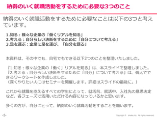 -3- Copyright © shake,Inc. All rights reserved.
納得のいく就職活動をするために必要な3つのこと
納得のいく就職活動をするために必要なことは以下の3つと考え
ています。
1.知る：様々な企業の「働くリアルを知る」
2.考える：自分らしい決断をするために「自分について考える」
3.足を運ぶ：企業に足を運び、「自分を語る」
本資料は、その中でも、自宅でもできる以下2つのことを整理いたしました。
『1.知る：様々な企業の「働く」リアルを知る』は、本スライドで整理しました。
『2.考える：自分らしい決断をするために「自分」について考える』は、個人でで
きるワークシートを作成しました。
（深くやりたい人にはセミナーを開催します。詳細はスライドの最後に。）
これから就職を控えるすべての学生にとって、就活前、就活中、入社先の意思決定
など、各フェーズで活用いただける内容になっているかと思います。
多くの方が、自分にとって、納得のいく就職活動をすることを願います。
 