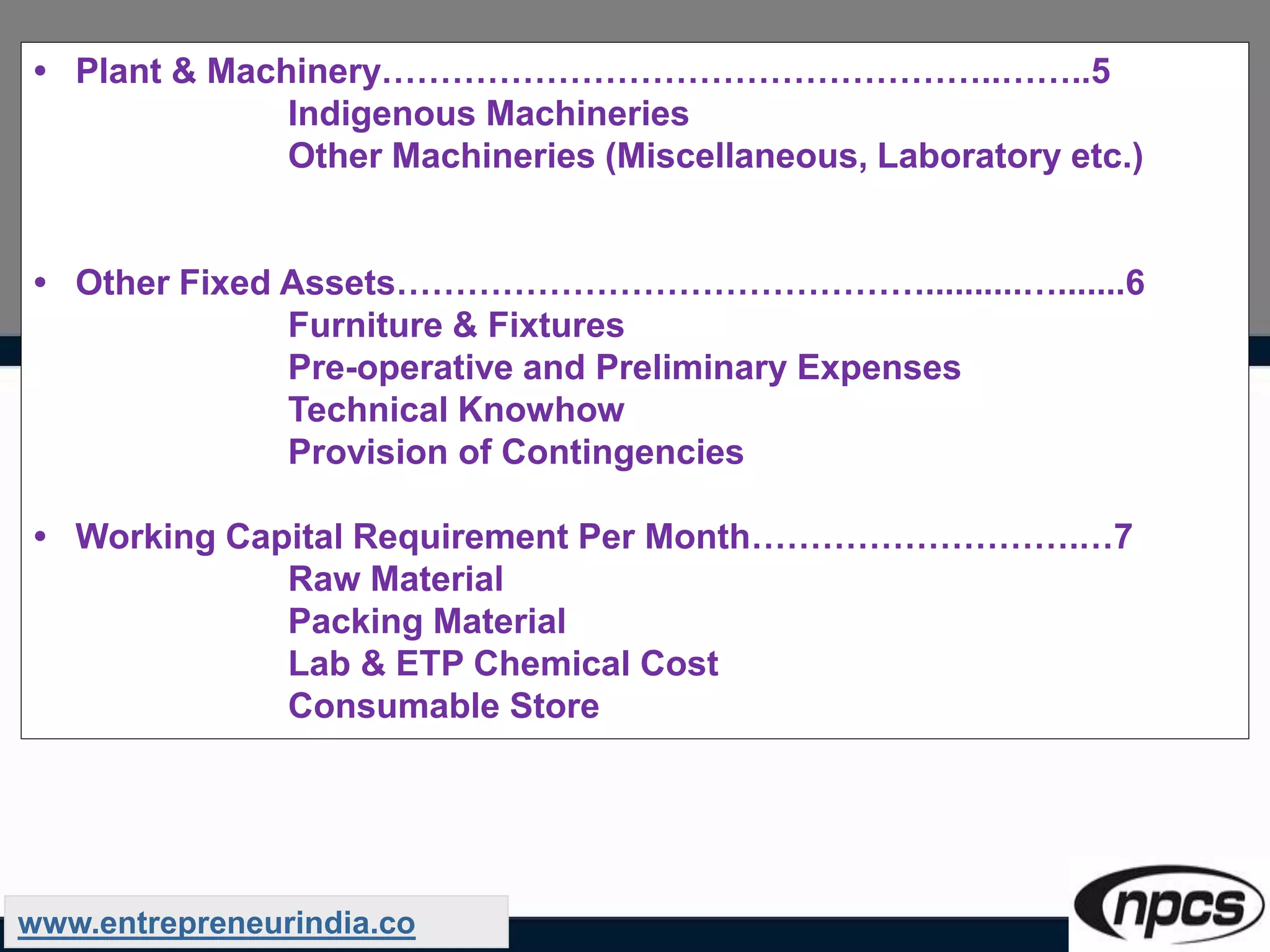 • Plant & Machinery……………………………………………..……..5
Indigenous Machineries
Other Machineries (Miscellaneous, Laboratory etc.)
• Other Fixed Assets………………………………………..........….......6
Furniture & Fixtures
Pre-operative and Preliminary Expenses
Technical Knowhow
Provision of Contingencies
• Working Capital Requirement Per Month……………………….…7
Raw Material
Packing Material
Lab & ETP Chemical Cost
Consumable Store
www.entrepreneurindia.co
 