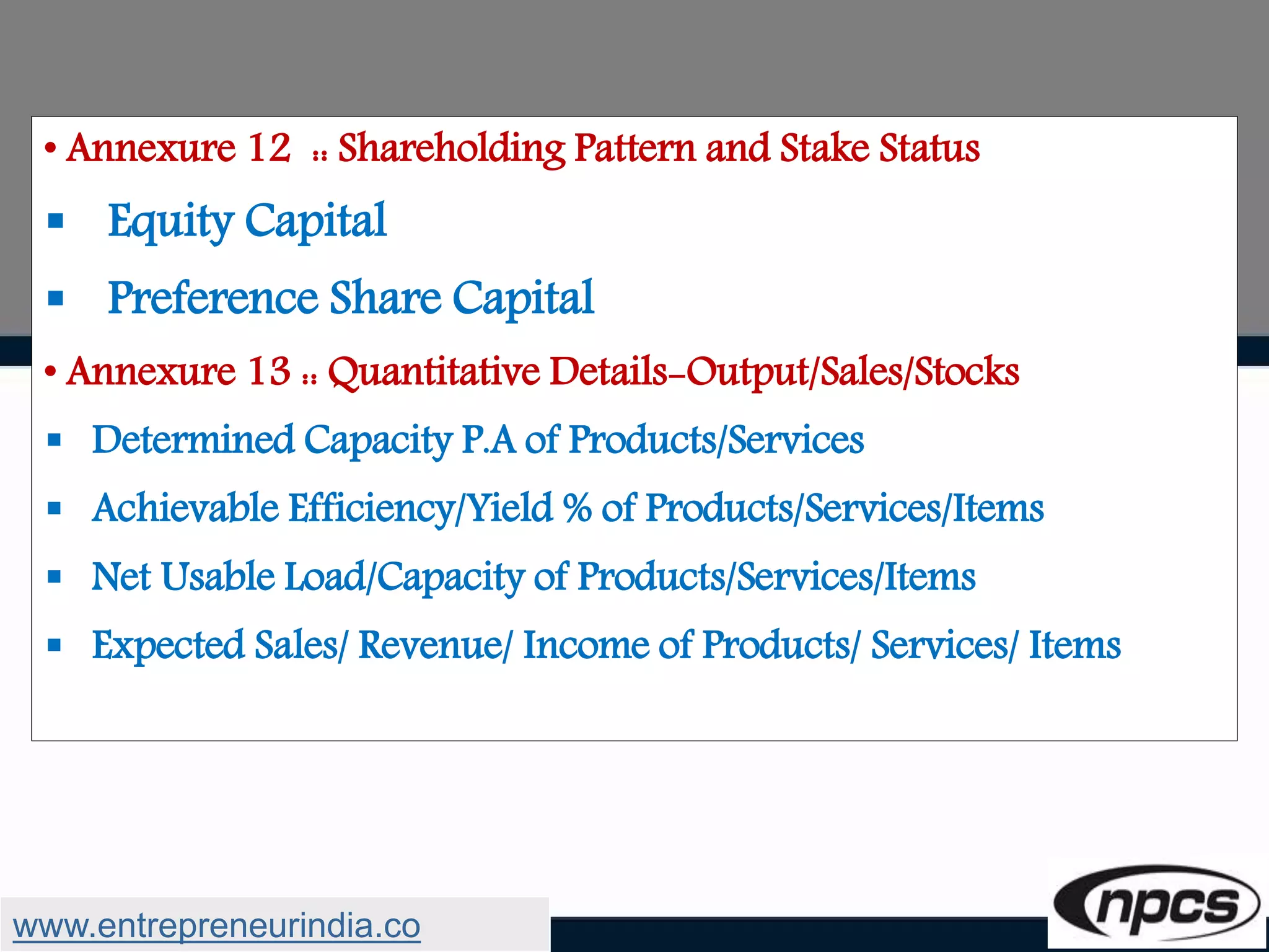 • Annexure 12 :: Shareholding Pattern and Stake Status
 Equity Capital
 Preference Share Capital
• Annexure 13 :: Quantitative Details-Output/Sales/Stocks
 Determined Capacity P.A of Products/Services
 Achievable Efficiency/Yield % of Products/Services/Items
 Net Usable Load/Capacity of Products/Services/Items
 Expected Sales/ Revenue/ Income of Products/ Services/ Items
www.entrepreneurindia.co
 
