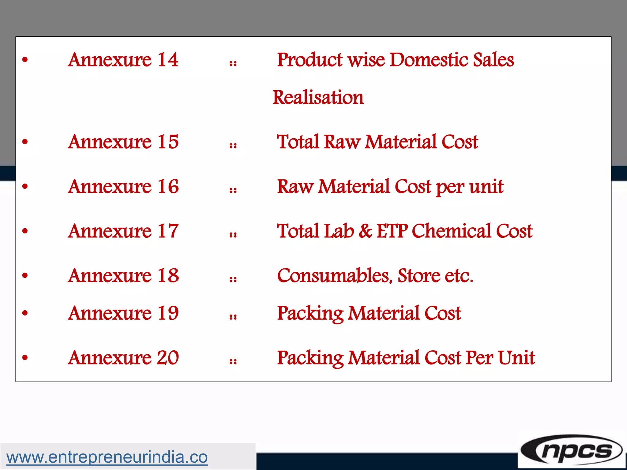 • Annexure 14 :: Product wise Domestic Sales
Realisation
• Annexure 15 :: Total Raw Material Cost
• Annexure 16 :: Raw Material Cost per unit
• Annexure 17 :: Total Lab & ETP Chemical Cost
• Annexure 18 :: Consumables, Store etc.
• Annexure 19 :: Packing Material Cost
• Annexure 20 :: Packing Material Cost Per Unit
www.entrepreneurindia.co
 